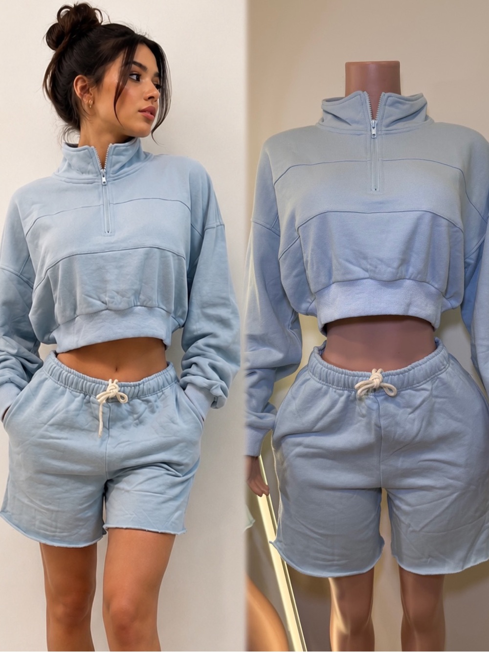 Light Blue Cropped Quarter-Zip Sweatshirt & Drawstring Shorts Set